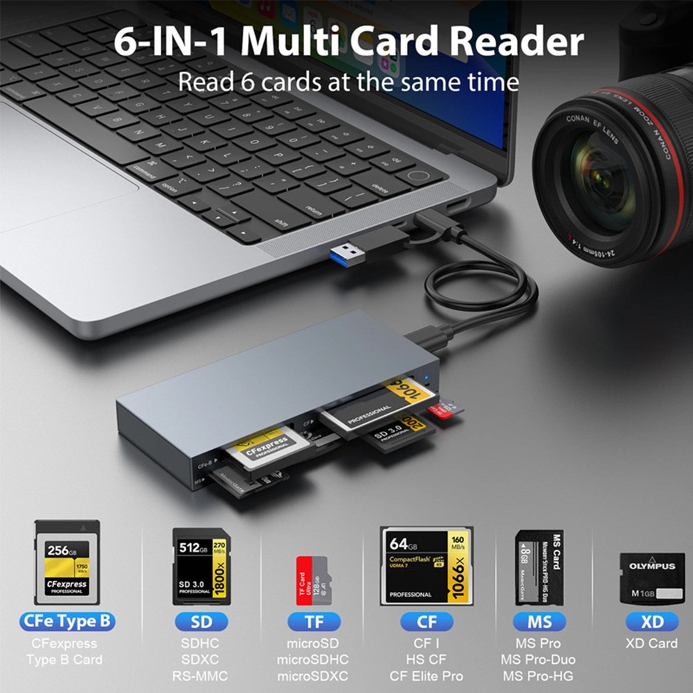 6-IN-1 USB 3.2 Gen2 10Gbps CFexpress Type B/CF/MS/XD/SD/TF Multi Card Reader