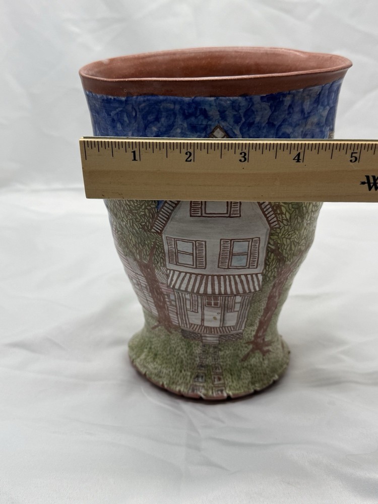 8inch Earthenware Vase With House Scene Marked