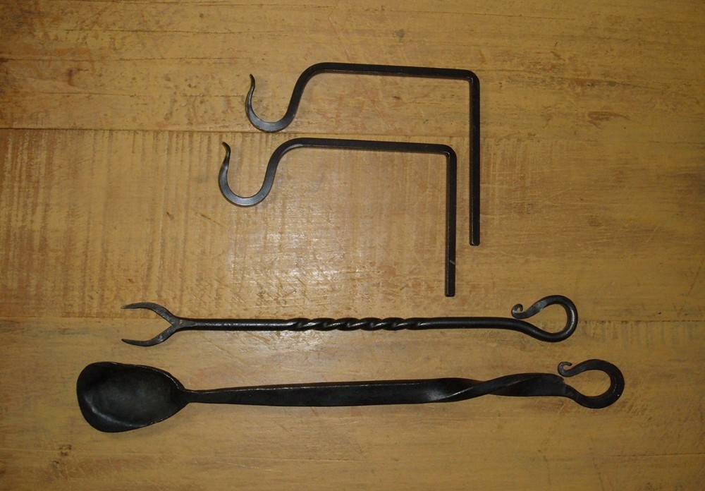 Vintage Blacksmith Forged Iron Hearth Spoon, Fork 2 Tine & 2 Hooks