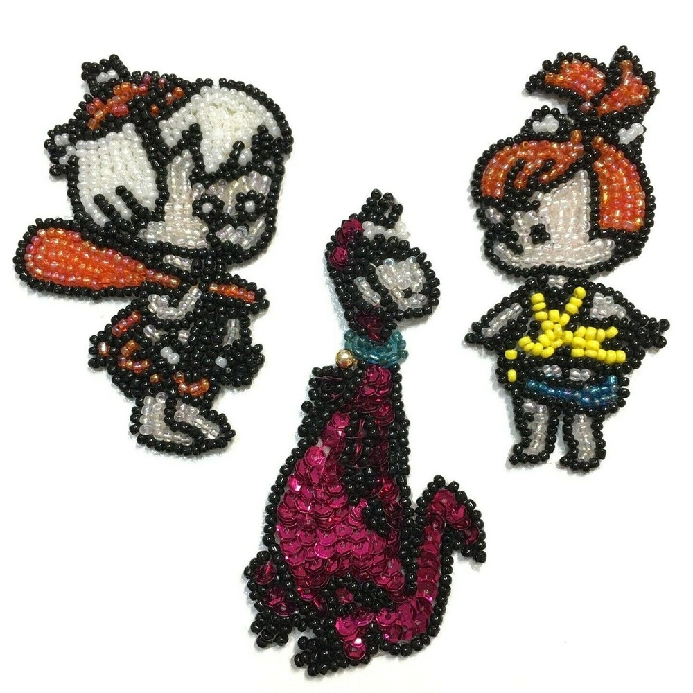 Flintstones Beaded Sequins Removable Applique Patch 3pc Lot Pebbles Dino Bam Bam