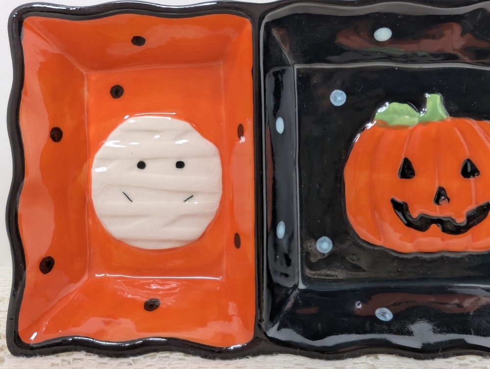 3 Section Serving Dish Halloween Tii Collections Ceramic Handmade Ghost Pumpkin