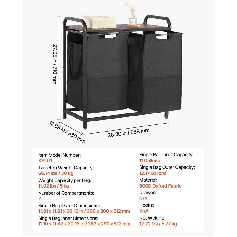 Versatile Laundry Sorter Organizer W/ Sturdy Frame Pull-Out Bags Adjustable Feet