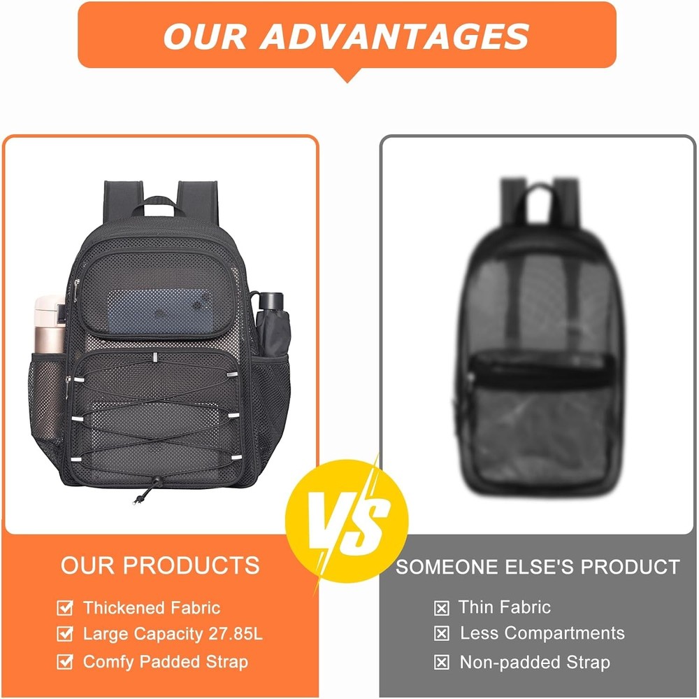Mesh Backpack Heavy Duty See Through Bag with Paded Strap Large Black