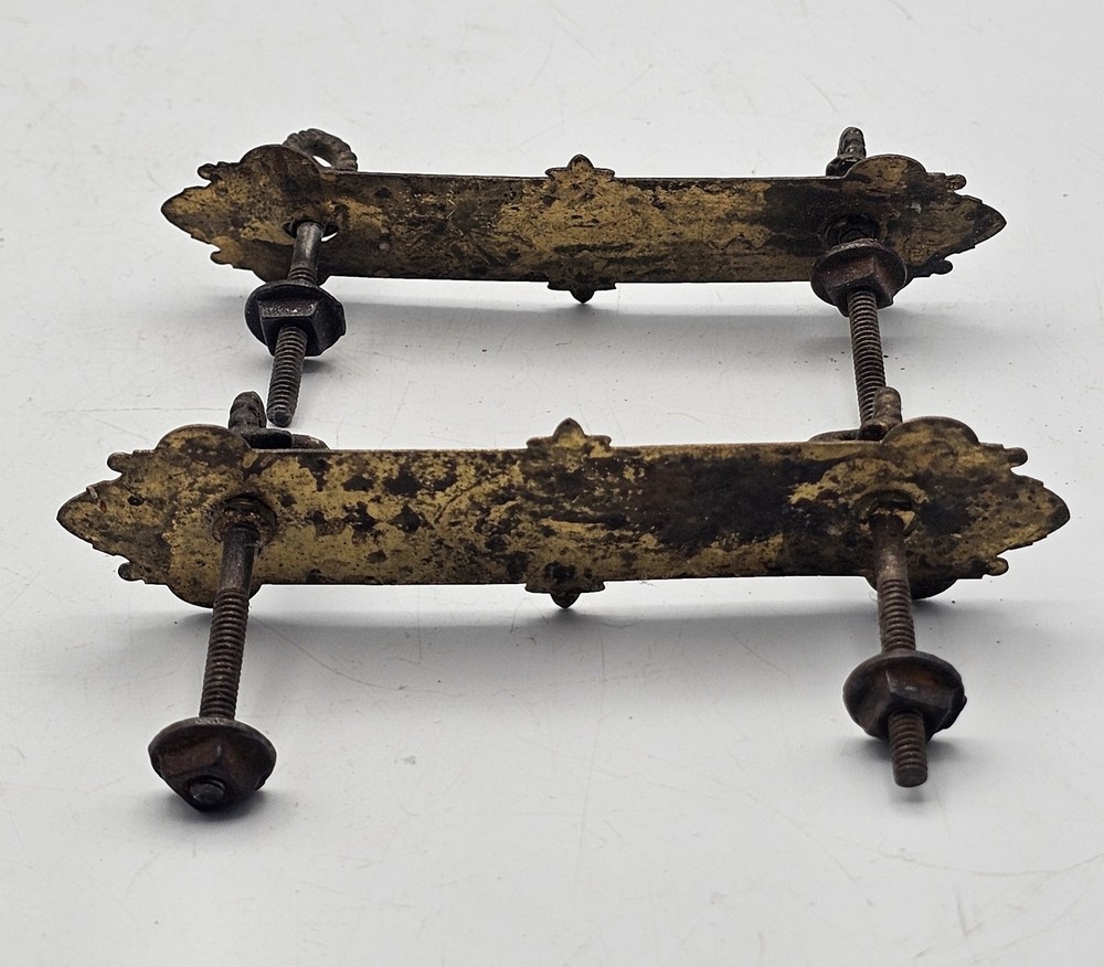 Antique Pressed Brass Drawer Pulls Ornate Gothis Style ~ 2 Pairs