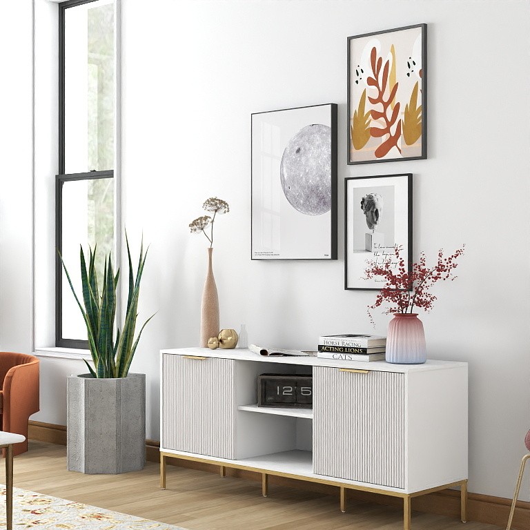 Modern TV Stand with Wave-Design Doors, Open Shelf & Adjustable