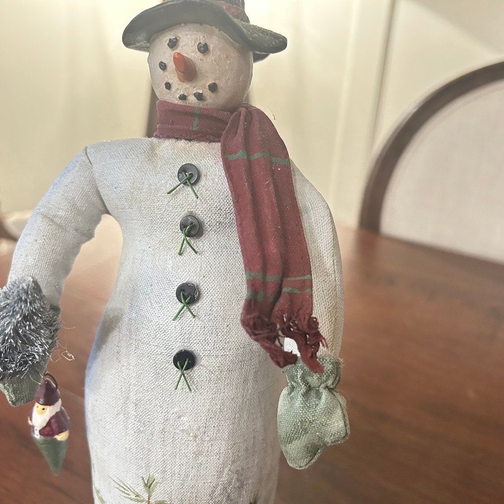 Primative Painted Canvas SNOWMAN w/Clay Head 12"