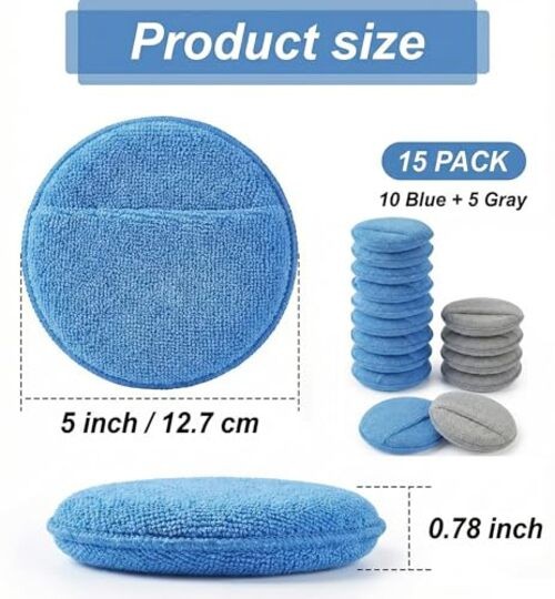 Wax Applicator Pad (15 Pack)，5 Inch Microfiber Wax Applicator Pads，Washable