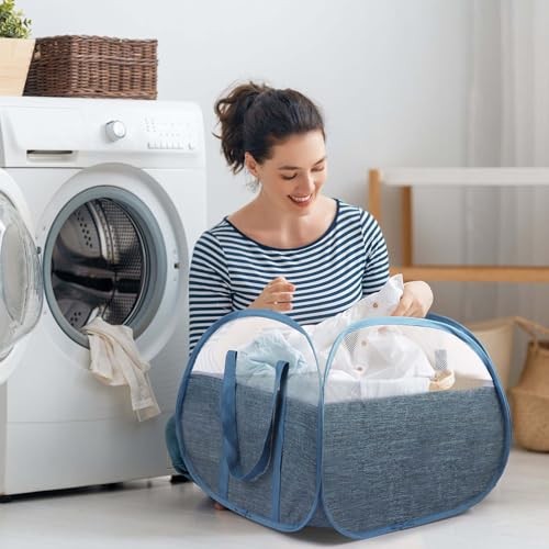 Collapsible Laundry Baskets, Tear Proof Pop Up Laundry Hamper with Square Blue
