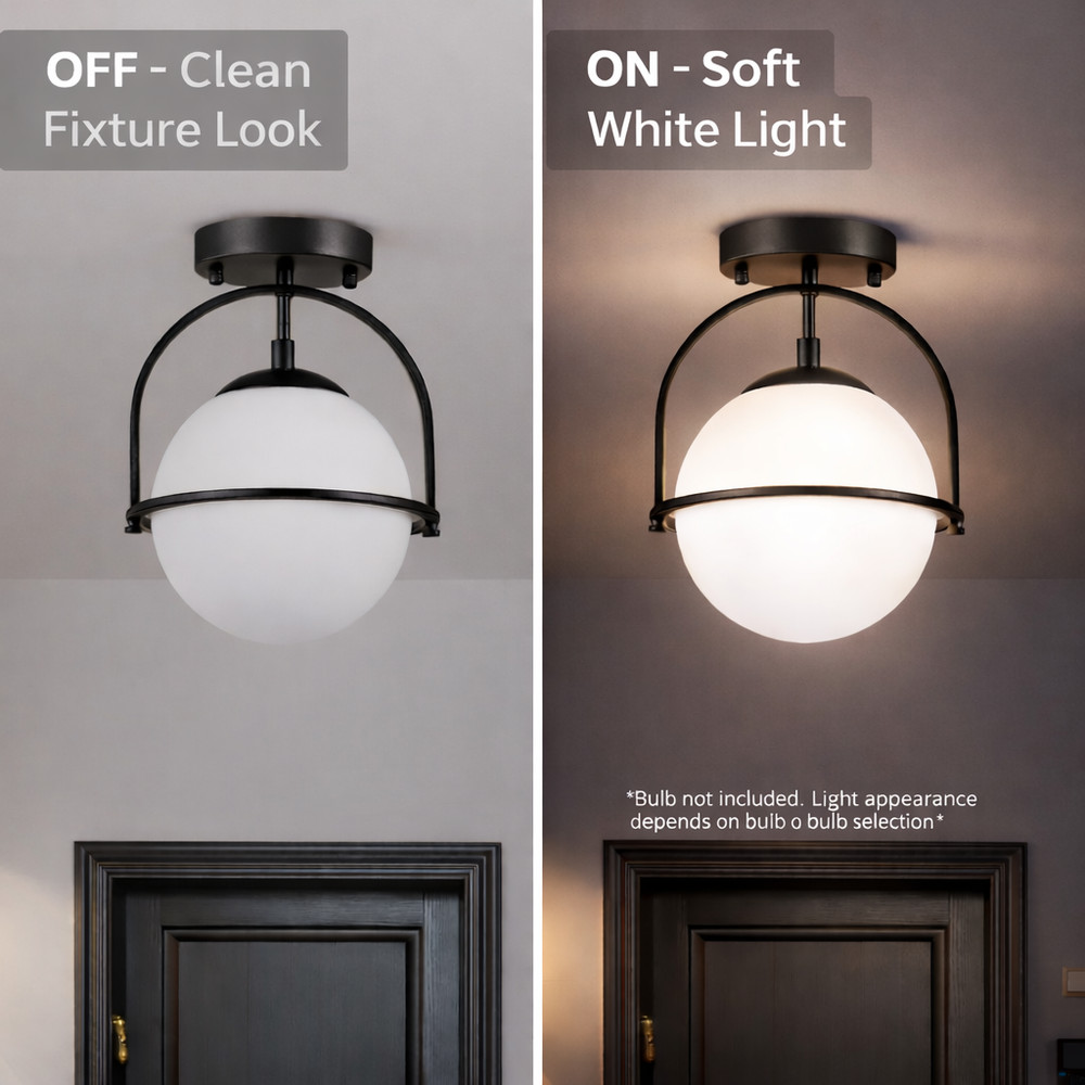 Flush Mount Globe Ceiling Light with Opal Glass Shade, Black E26 Base 1-Light