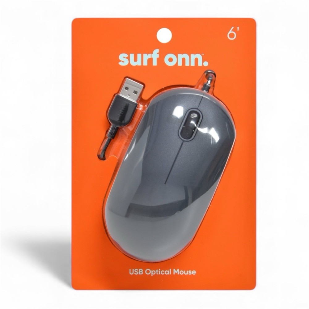 Surf ONN Optical Mouse Wired USB Scroll Wheel 3 Button Grey 6' Plug and Play