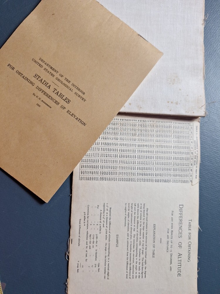 1916 Stadia Tables obtaining Differences in Elevation C.G. Anderson + foldout