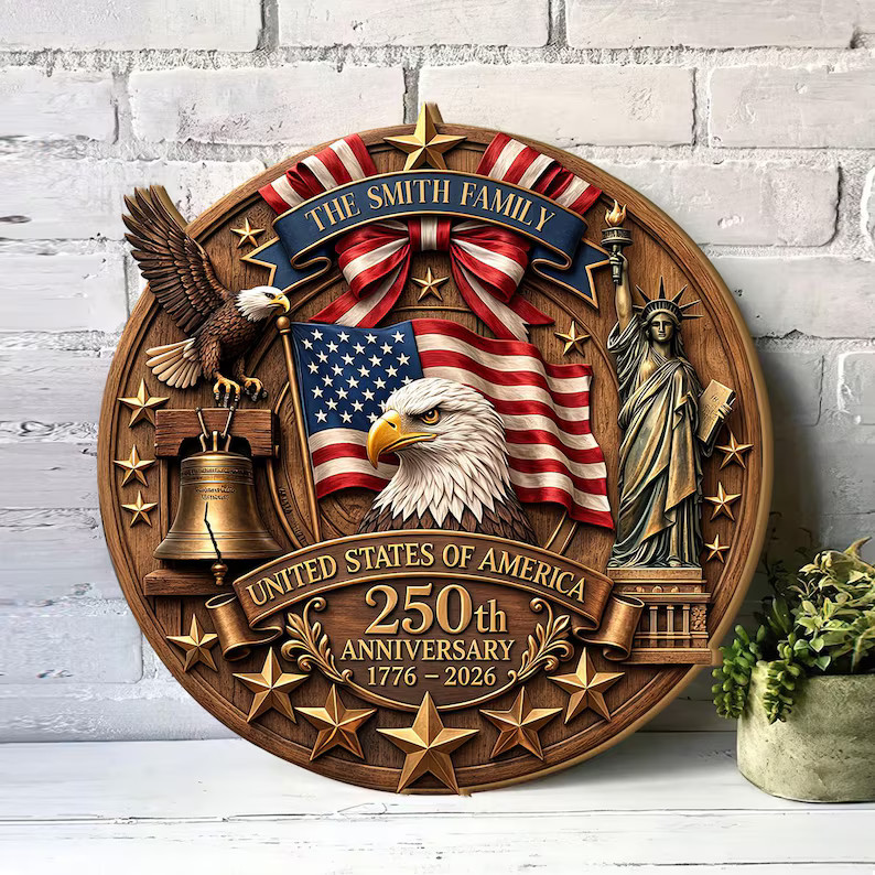 Personalized American Eagle Wall Sign with Rope Custom Patriotic