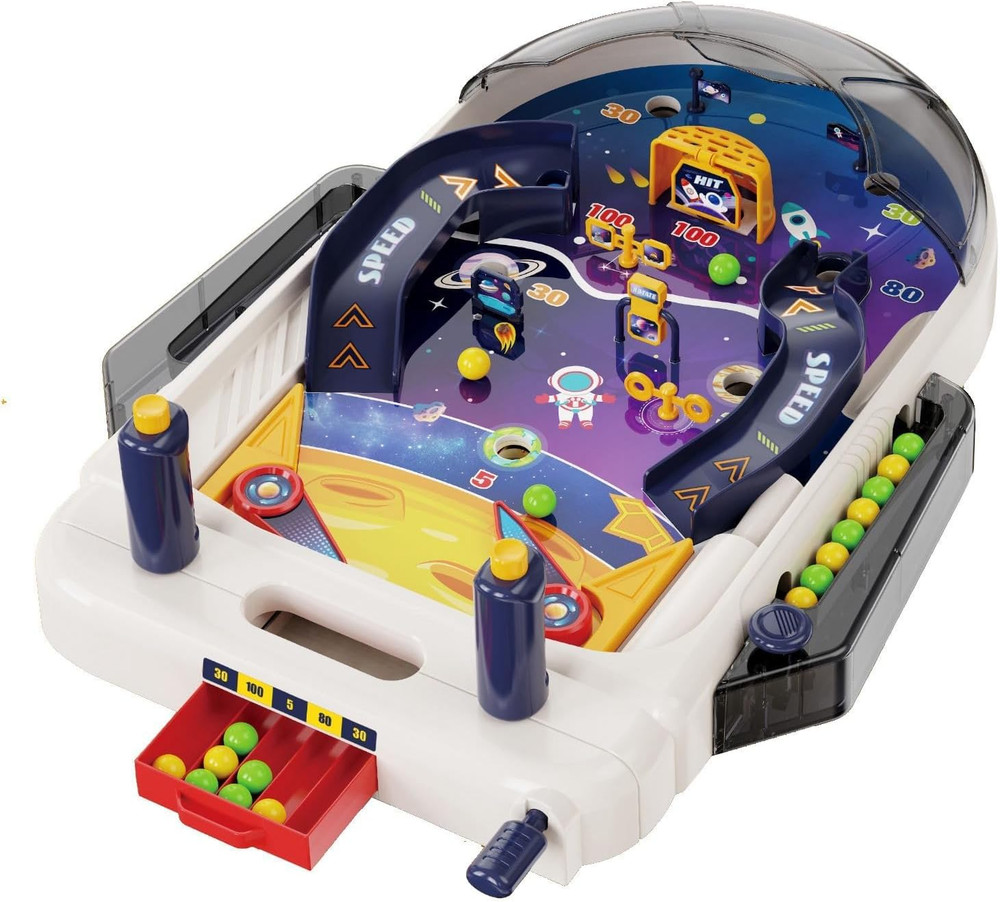 Tabletop Pinball Machine — Space Board Game with Obstacles, Pull-Rod Launcher, T