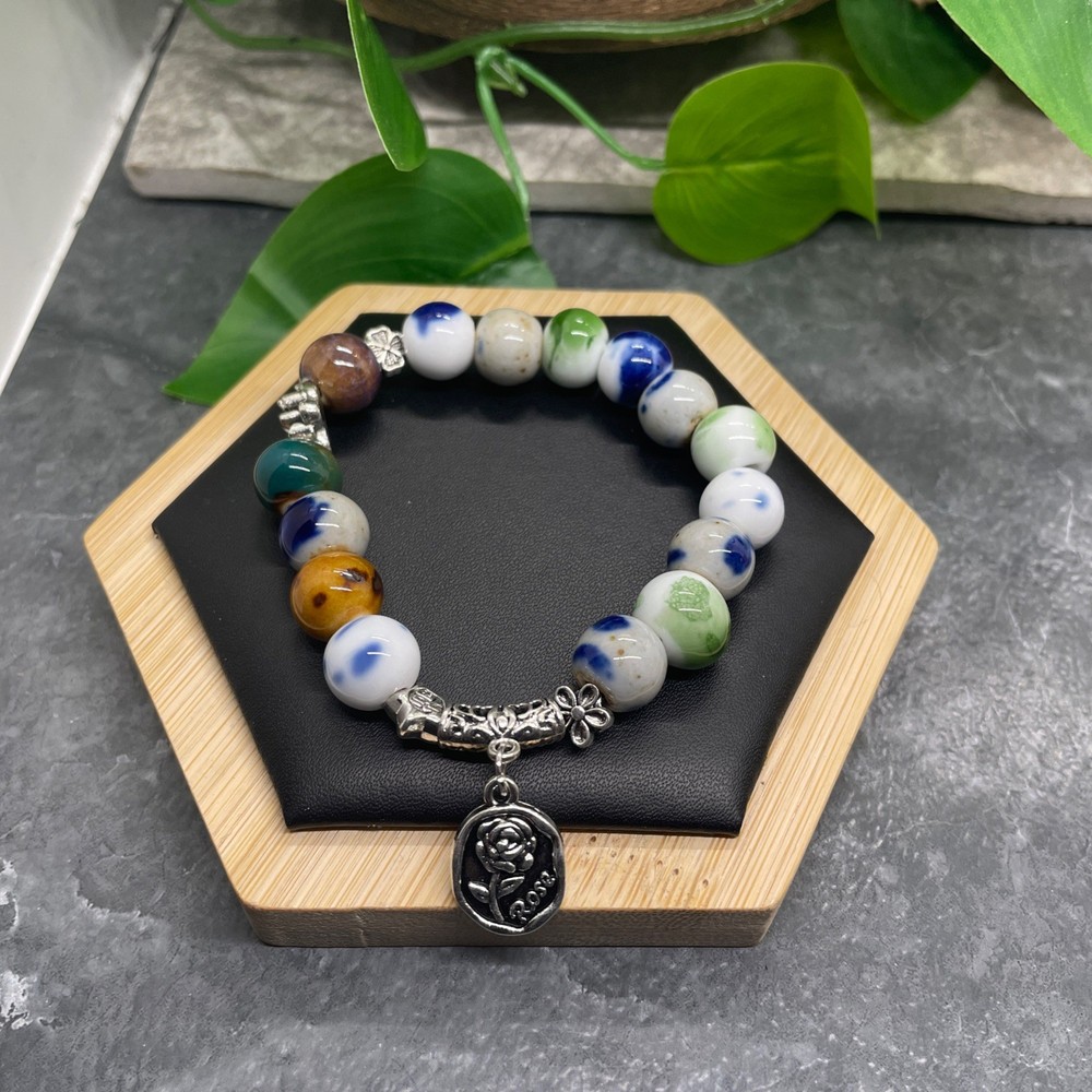 Handmade Ceramic Bead Beaded Stackable 6.5” Plus Stretch Bracelet New B480