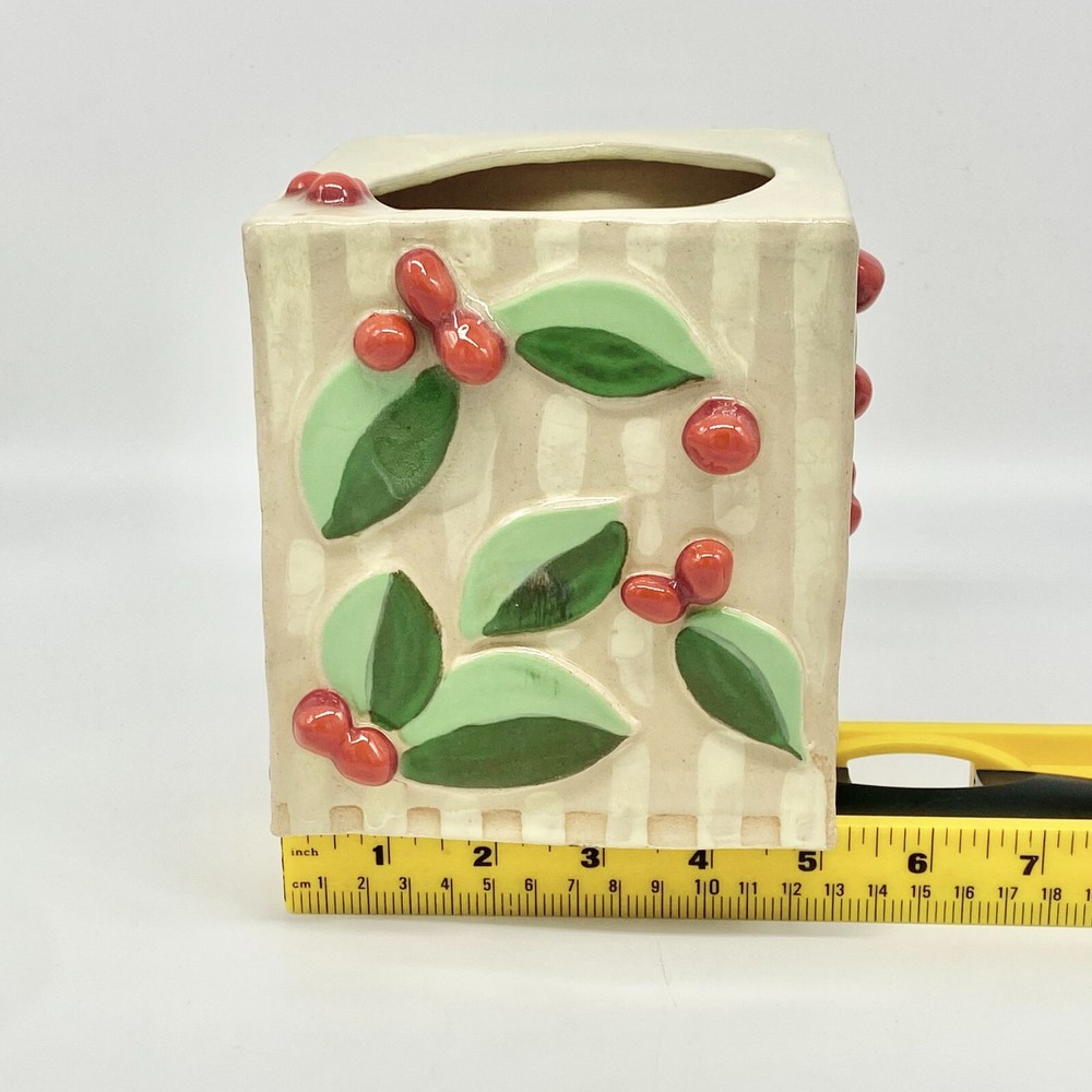 Studio Art Pottery Ceramic Tissue Box Cover Square Leaves Berries Maximalist