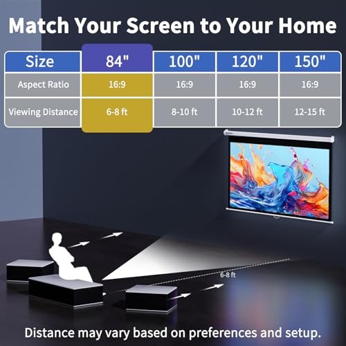84'' Projector Screen Manual Pull Down - 16:9 HD Retractable 84 Inch