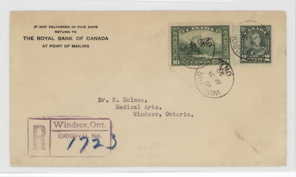 CANADA 1930 2c KGV Arch + 10c Scroll WINDSOR registered drop letter