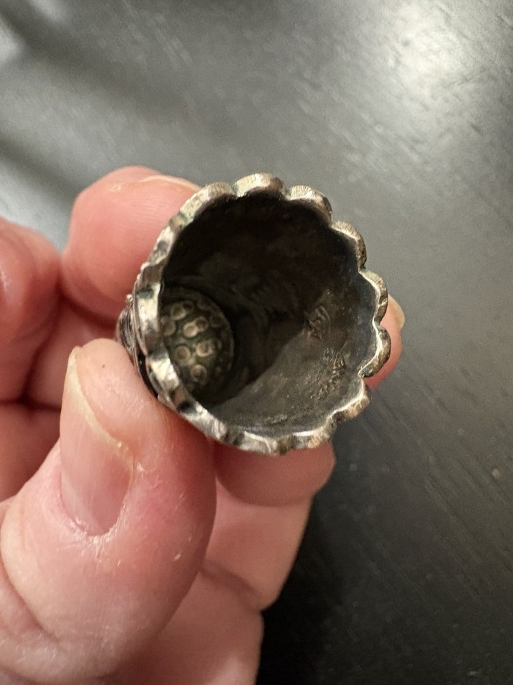 Sterling Silver Thimble Heavily Patterned Scene Design