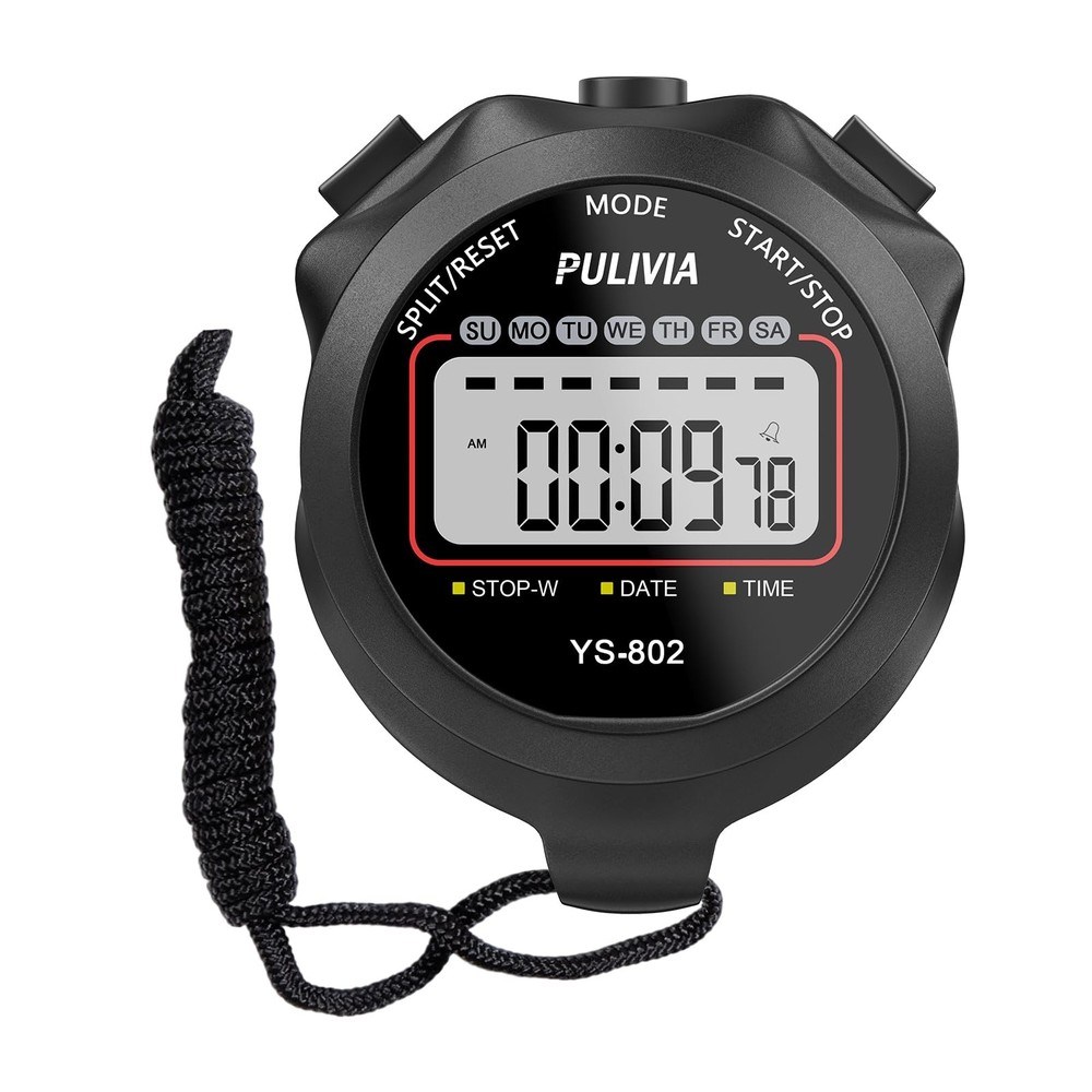 PULIVIA Sports Stopwatch Timer, Single Lap Split Digital Stop Watch for Black