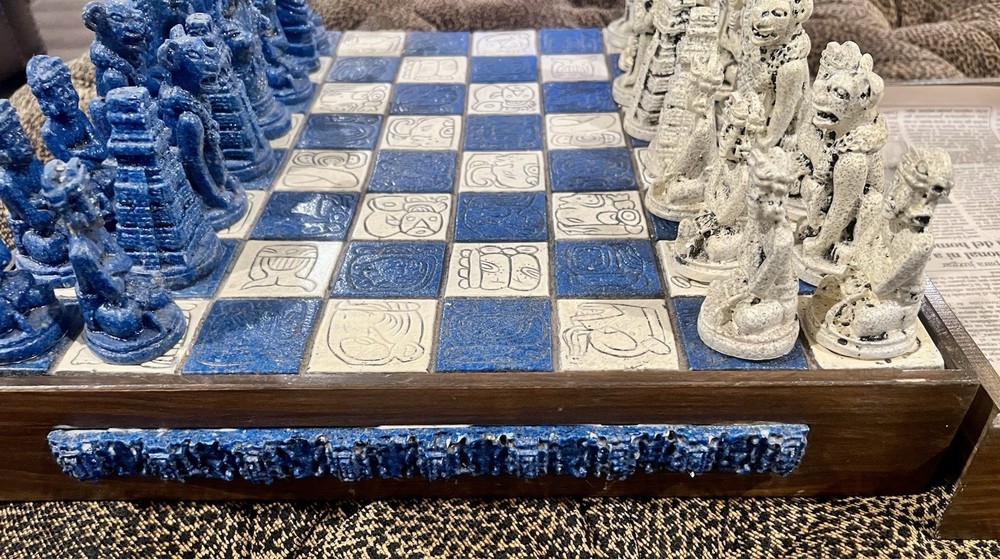 Vintage Handmade Mayan/Aztec Chess Set W/drawer - Complete- Does Not Fold