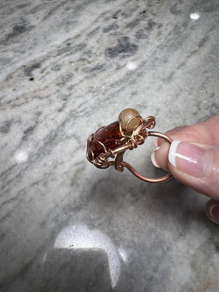 Artisan Hand Made Copper Ring With Amber, Size 6.5