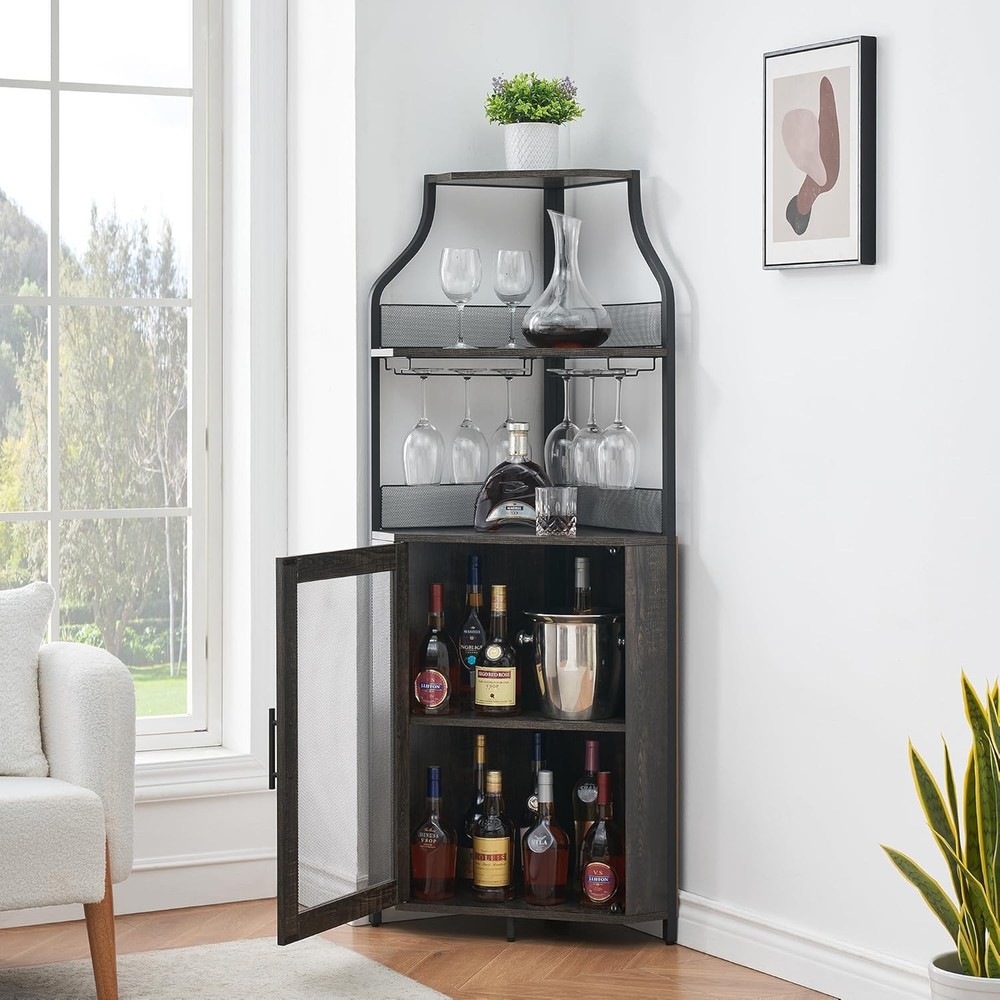 Corner Tall Wine Bar Cabinet Sturdy with Removable Wine Rack & Adjustable Shelf