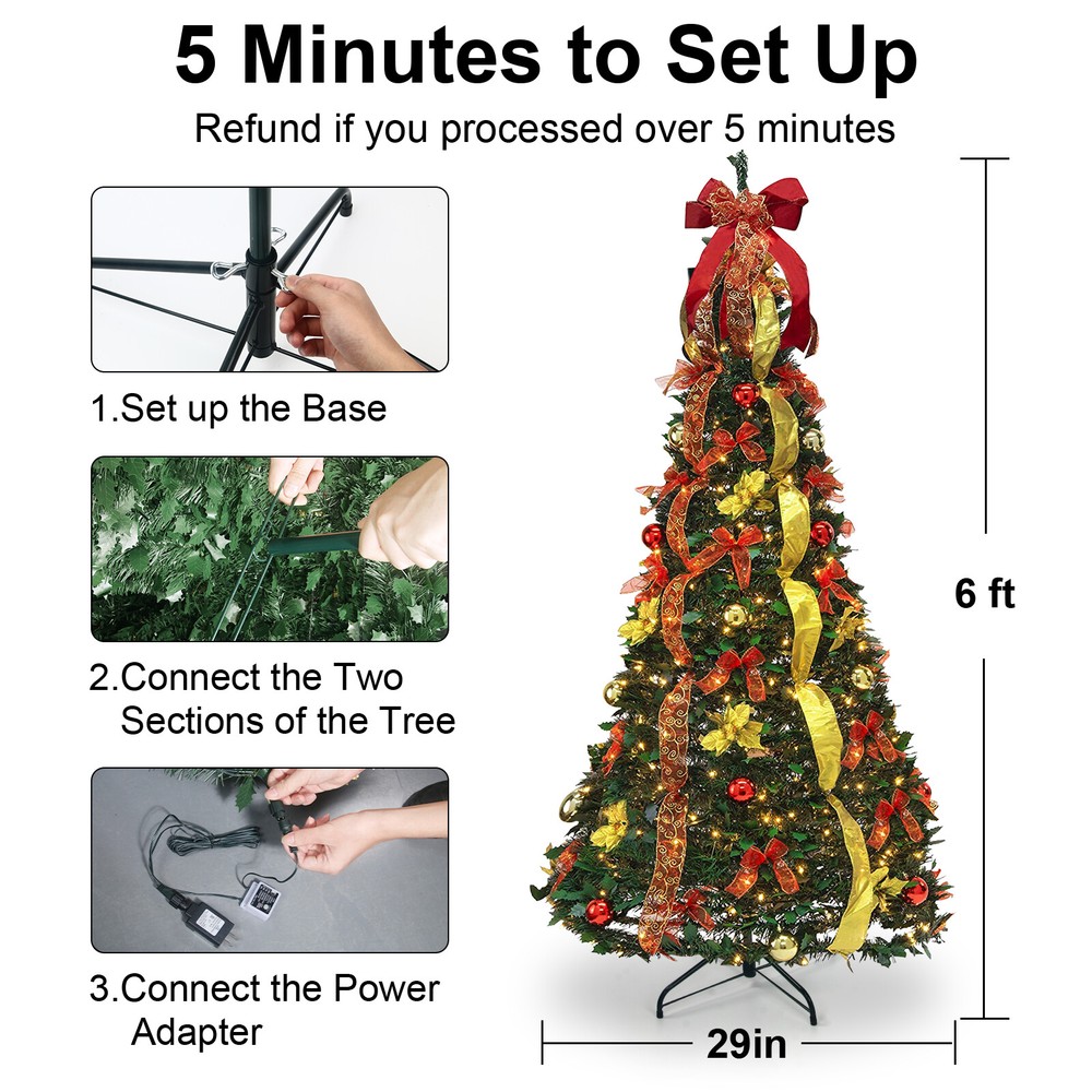 6Ft Pre-lit Christmas Tree Pull-Up Christmas Tree with Remote & 200 LED Lights