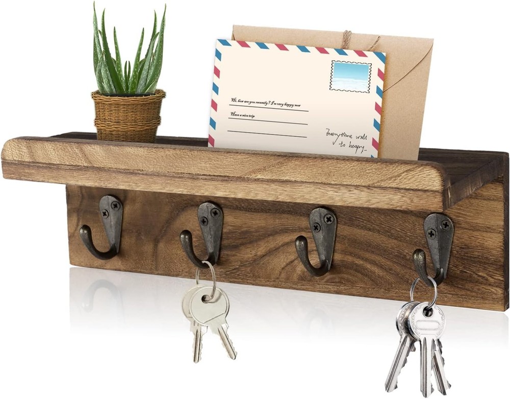Rustic Wall Key Holder with 4 Hooks & Floating Shelf for Elegant Organization