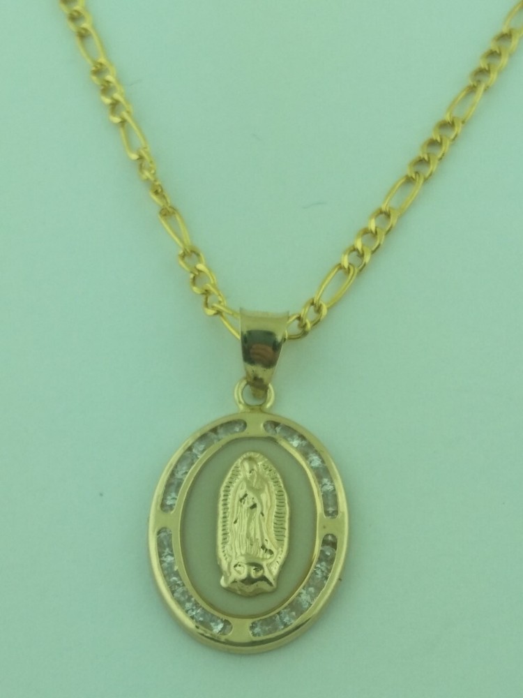 14K Solid Gold VIRGEN DE GUADALUPE Pendant with figaro Chain
