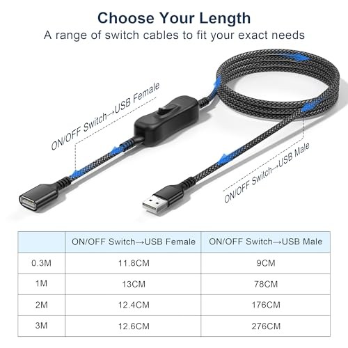USB On Off Switch Cable,USB Extension Cable Support Data and 6.6FT/2M Black
