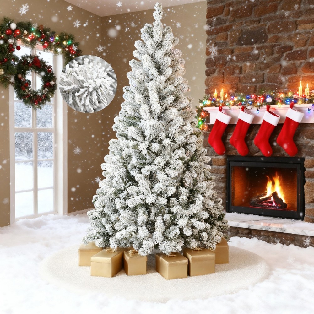 4-9 Ft Snow Flocked Artificial Christmas Tree Frosted Pine Tree Foldable Base