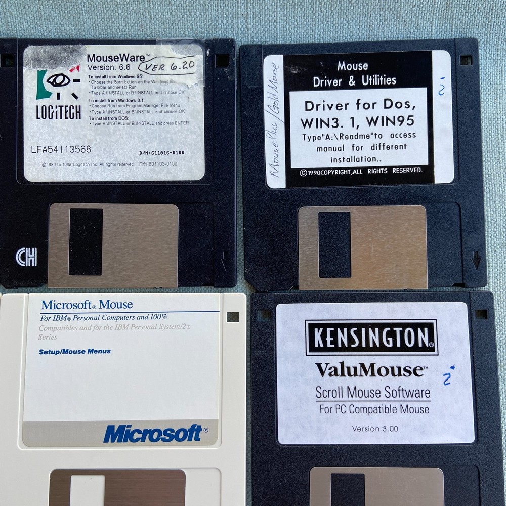 Computer Software Drivers Mouse Lot Microsoft Kensington Logitech OEM 1989 1988