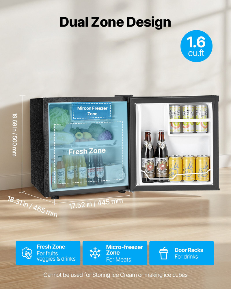 VEVOR 1.6 Cu Ft Single Door Mini Fridge - Compact & Quiet
