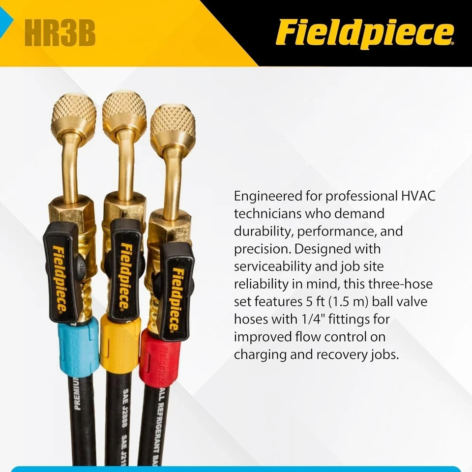 Fieldpiece HR3B Color-Coded Refrigerant Hose Set, 1/4" Connections