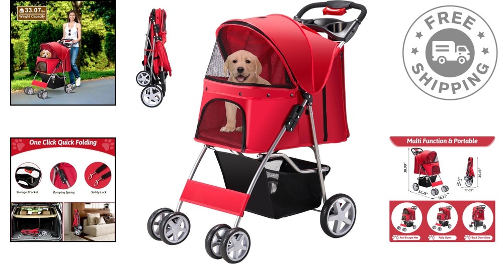All-Weather Pet Stroller for Small Dogs & Cats - Foldable with Storage & Cups