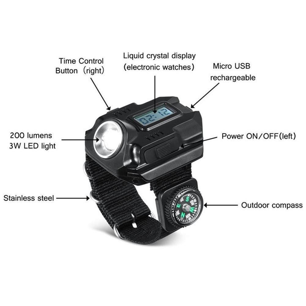 LED Wrist Watch Flashlight Torch Light USB Charging Rechargeable Flashlight F