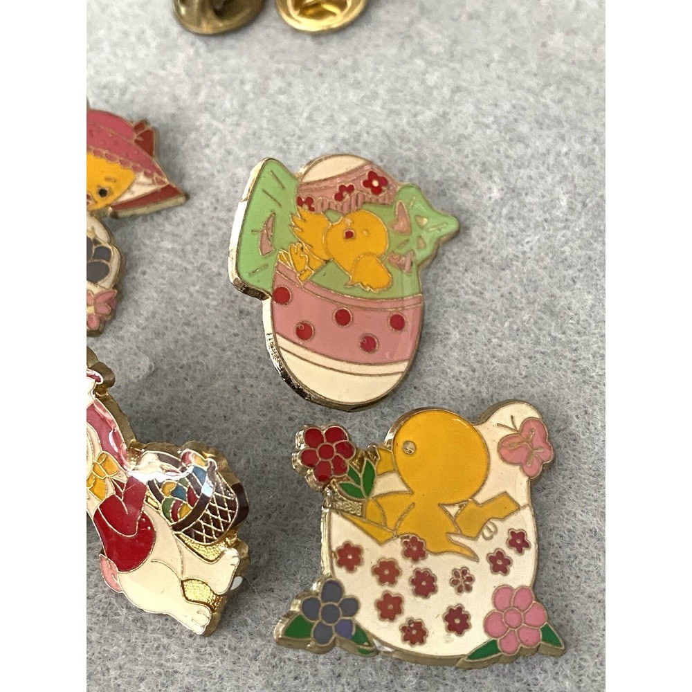 Vintage Easter Enamel Pin Set 5pc Bunny Chick Easter Egg Gold Tone Lapel Pins
