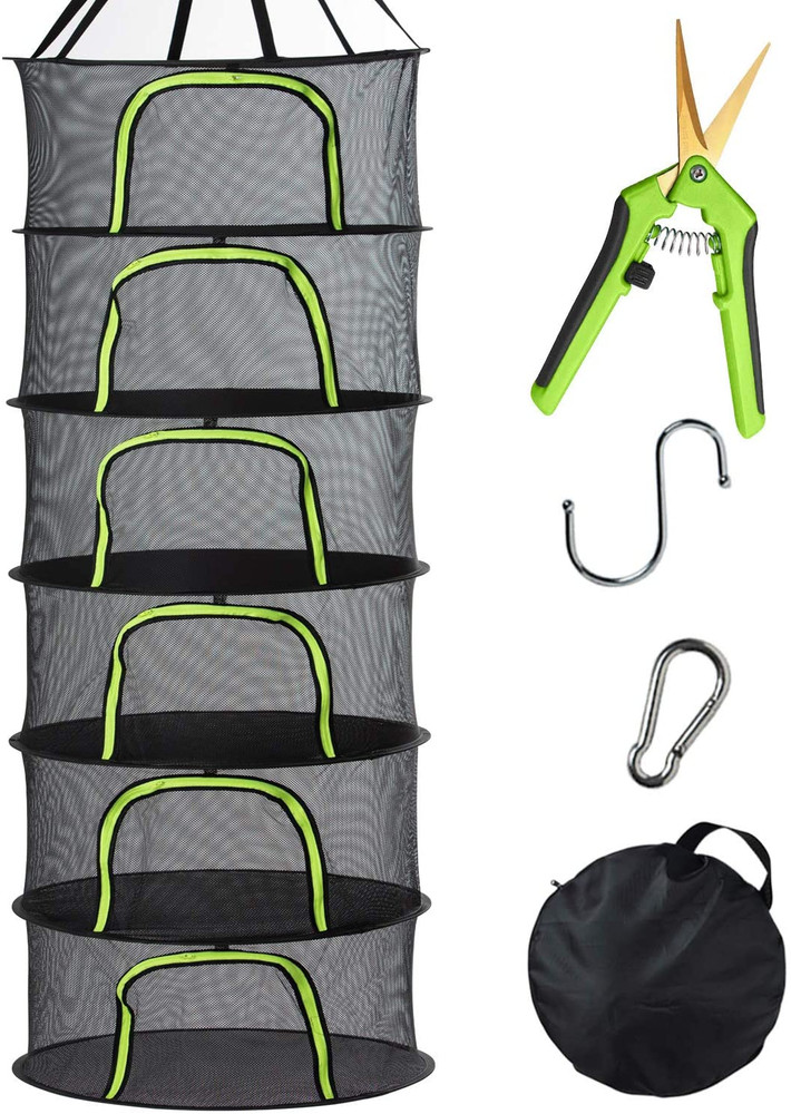 6 Tier Black Mesh Zippered Herb Drying Rack Hanging Dry with Pruning Shear