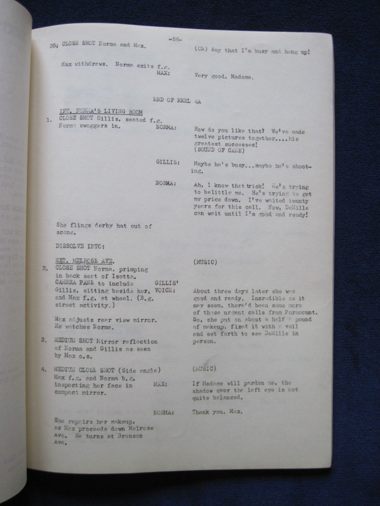 ORIGINAL CONTINUITY & DIALOGUE SCRIPT for BILLY WILDER'S SUNSET BOULEVARD