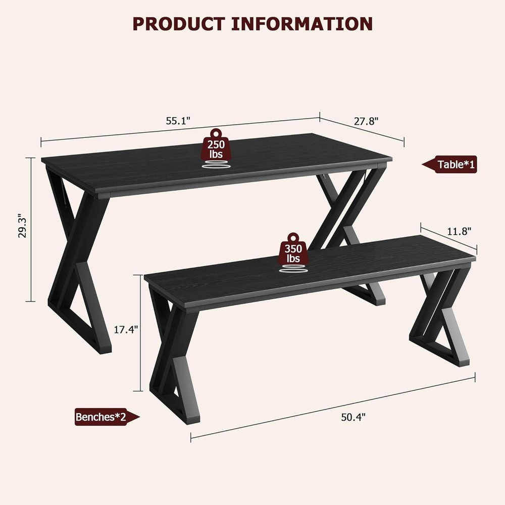 Kitchen Room Table Set with Benches 55.1" Dining Table Set for 4 People