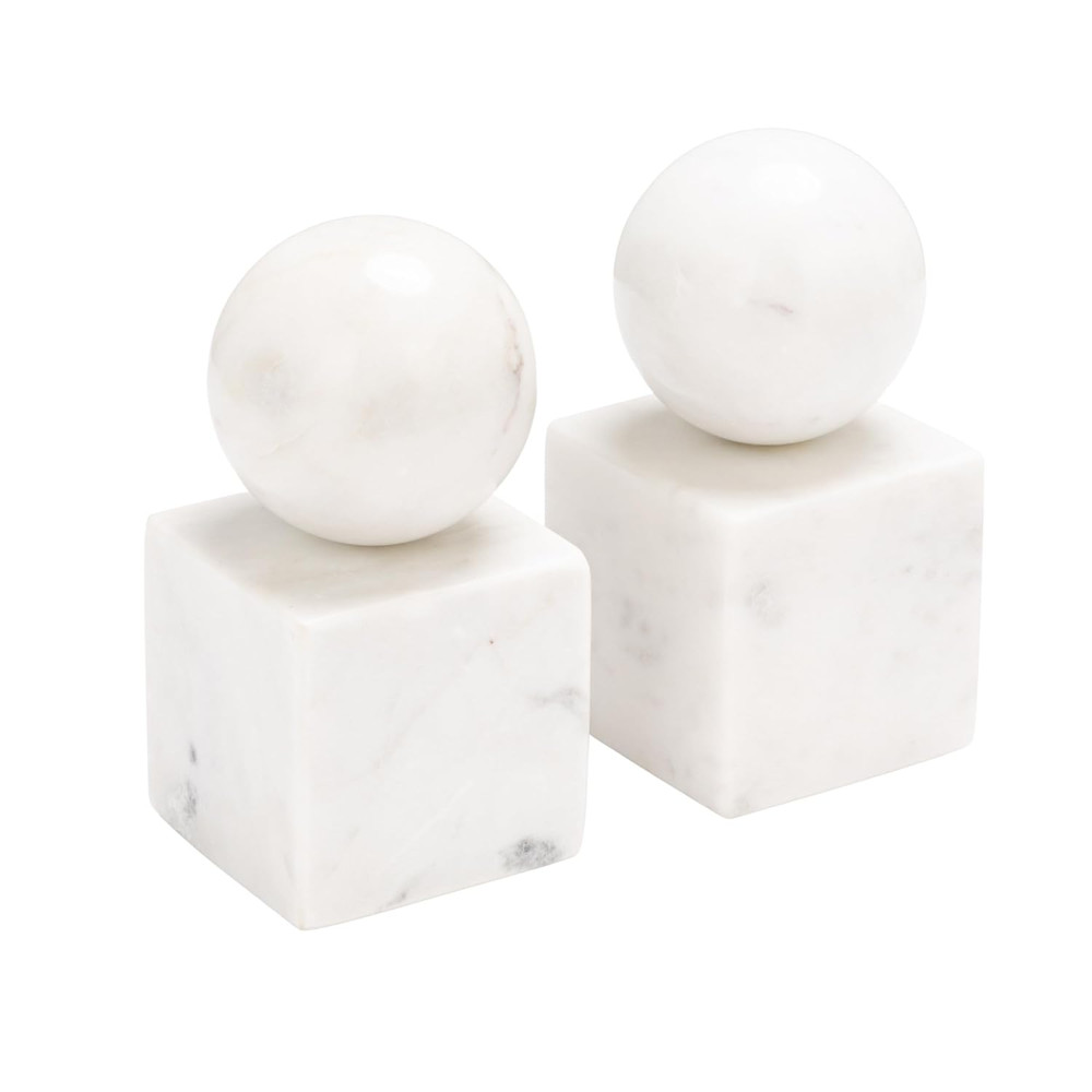 2-Piece Marble Geometric Bookends, White