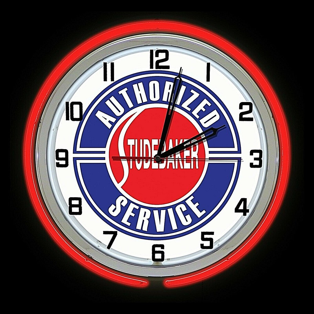 Studebaker Service Sign 19" Red Double Neon Clock Chrome Man Cave Garage