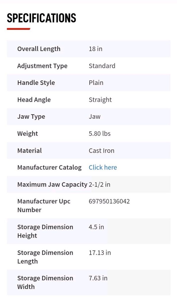 Pipe Wrench 18 in Overall Length