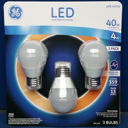 GE LED Light Bulb 3-Pack A15 Ceiling Fan Dimmable 40W Replacement 4W