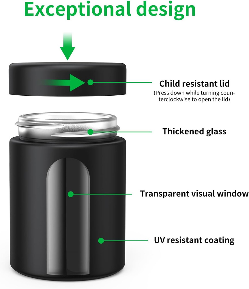 Glass Storage Jar (4 Oz), 2 Pack Premium Smell Proof Visual Container with Child