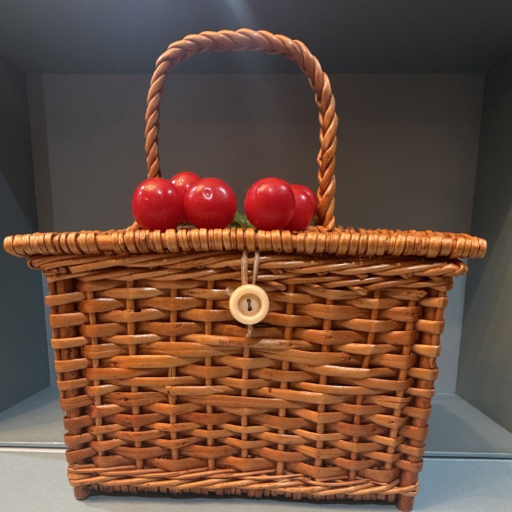 Rectangular Wicker purse Basket Brown Lidded with Handle cherry Décor