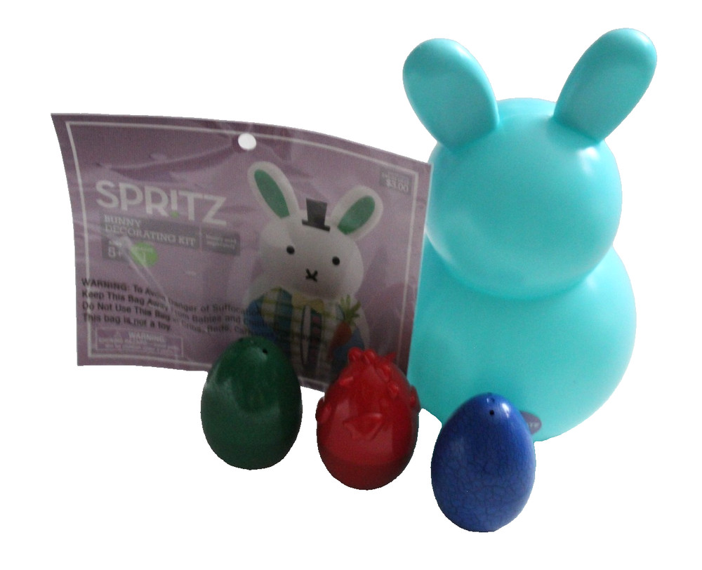 SPRITZ Blue Bunny Decorating Kit w/ 3 Green Blue Red Plastic Easter Eggs