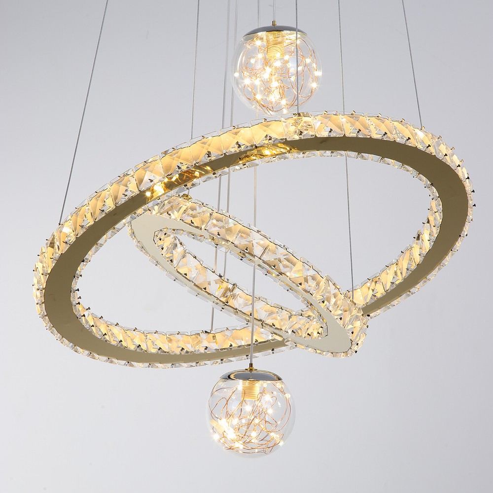 Modern LED Chandelier Dimmable 3 Color Crystal Ceiling Pendant Light Adjustable.