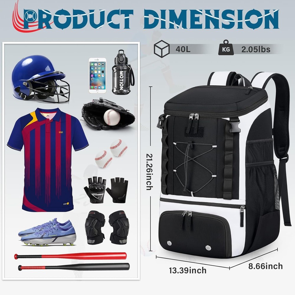Baseball Backpack, Lightweight Softball Bag with Shoe Compartment Baseball Ba...