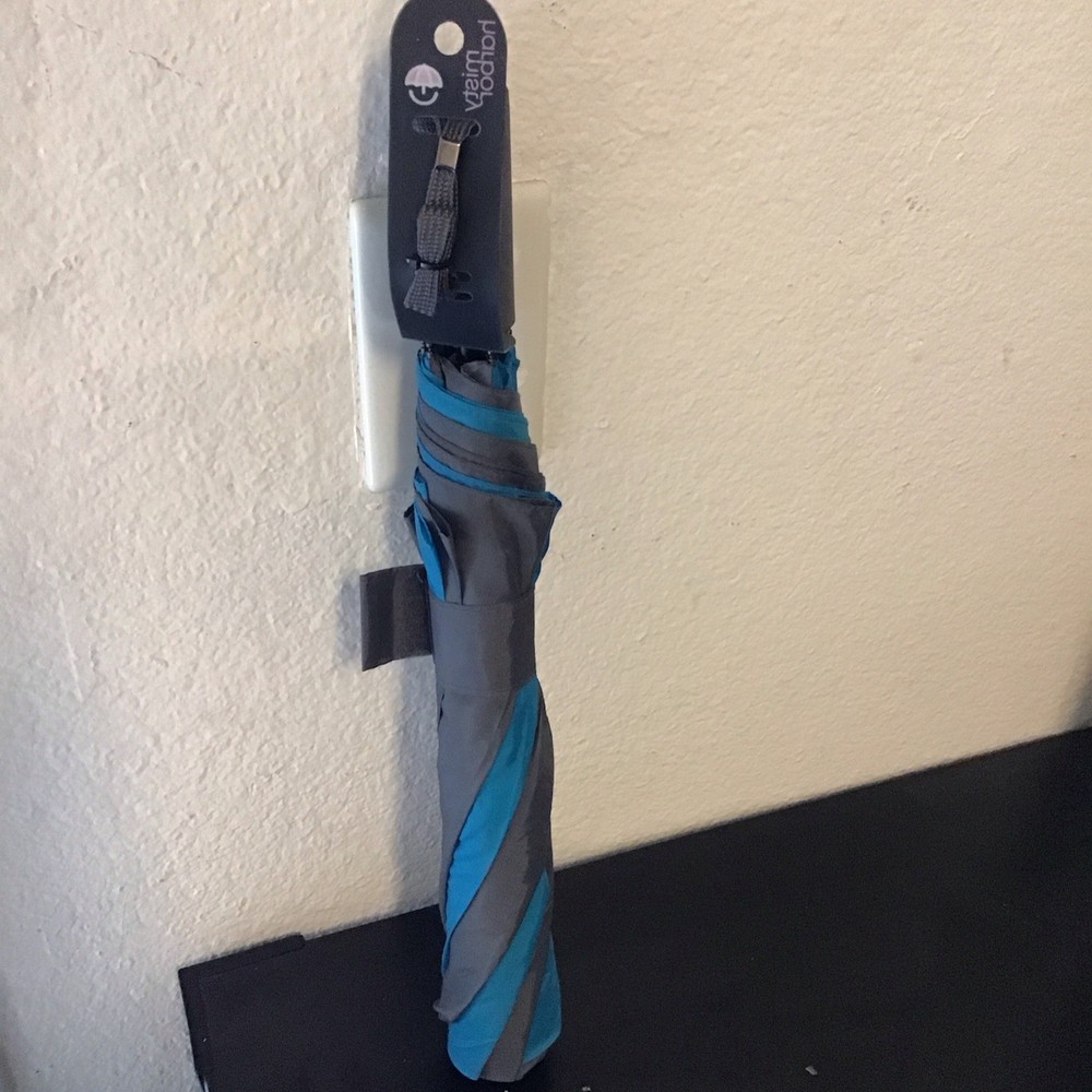 Misty Harbor Compact Folding Men's Umbrella Gray Blue Striped